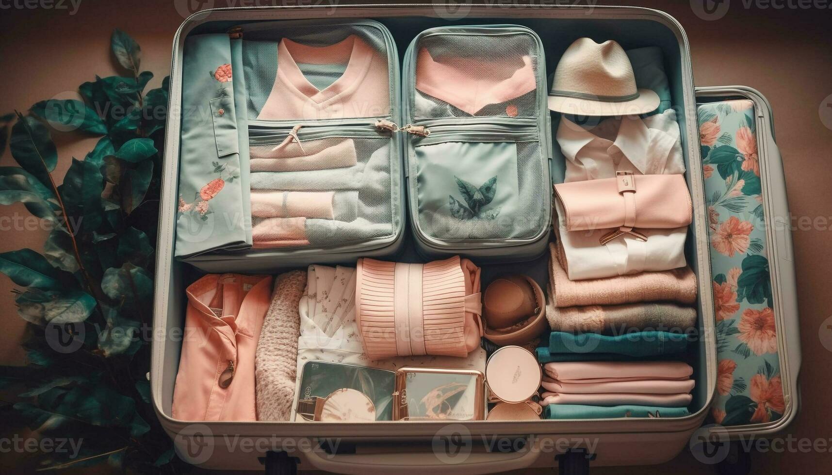 empilhado mala de viagem coleção, lotado sala, velho formado elegância gerado de ai foto