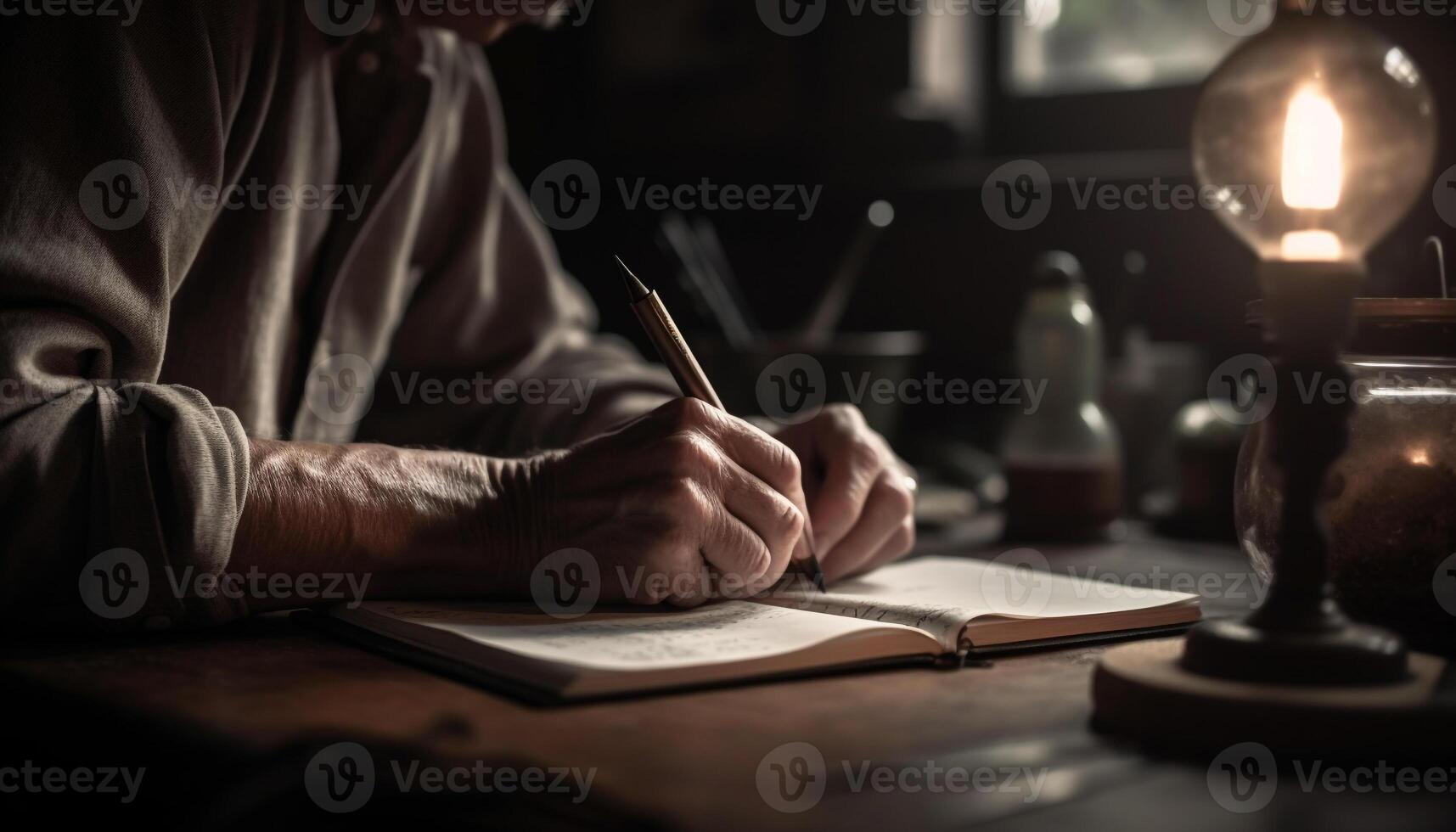 1 homem estudando literatura, segurando caneta gerado de ai foto