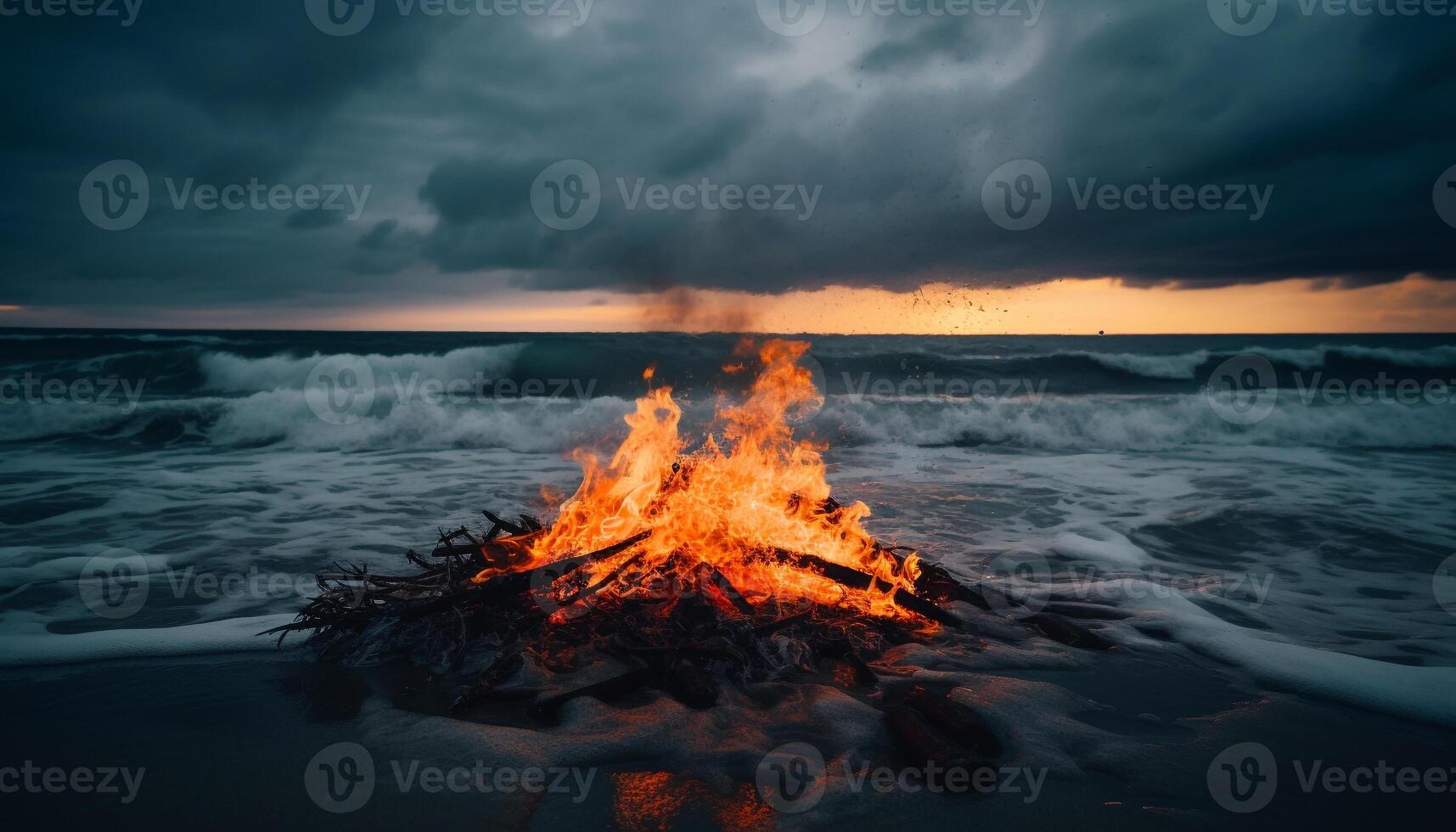 queimando fogueira ilumina a Sombrio verão panorama gerado de ai foto