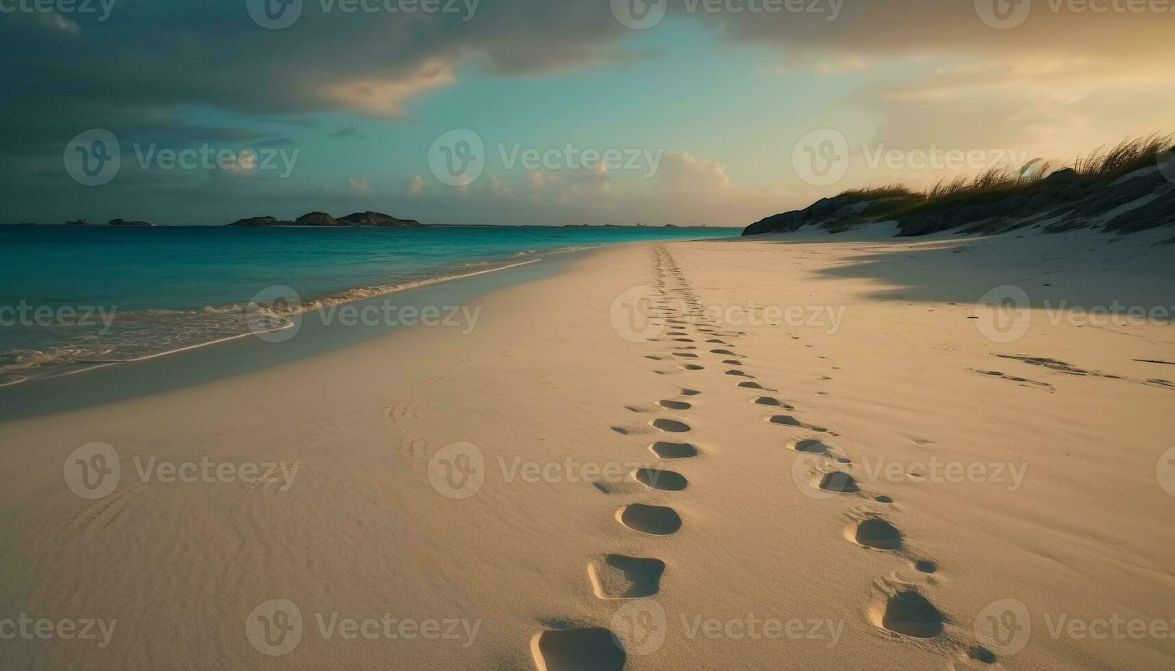 pôr do sol sobre tranquilo paisagem marítima, uma romântico aventura gerado de ai foto