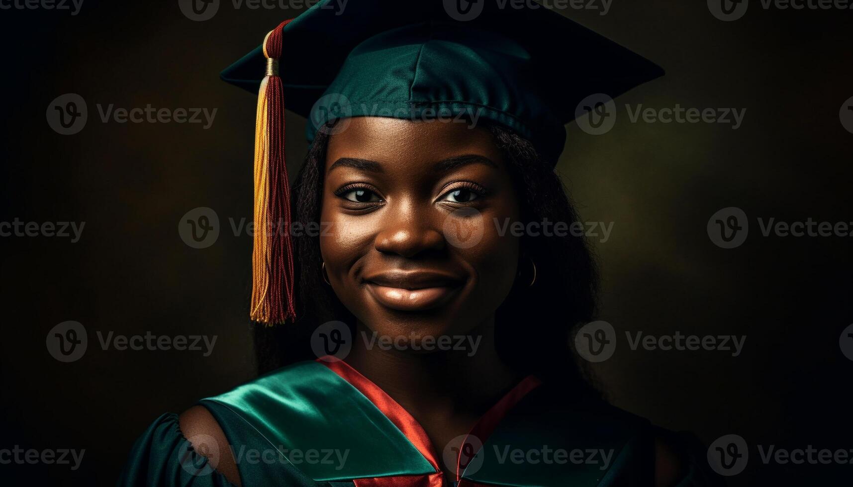 jovem africano mulher sorridente dentro graduação vestido gerado de ai foto