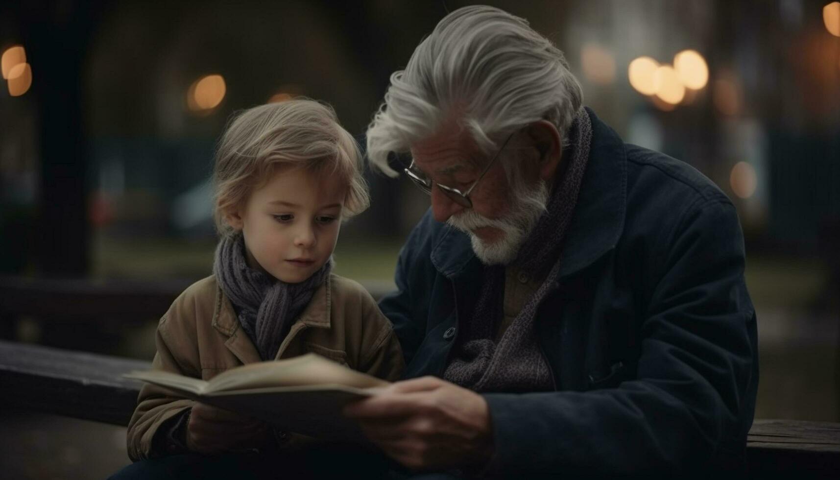 multi geração família vínculo ao ar livre, lendo livro, sorridente com felicidade generativo ai foto