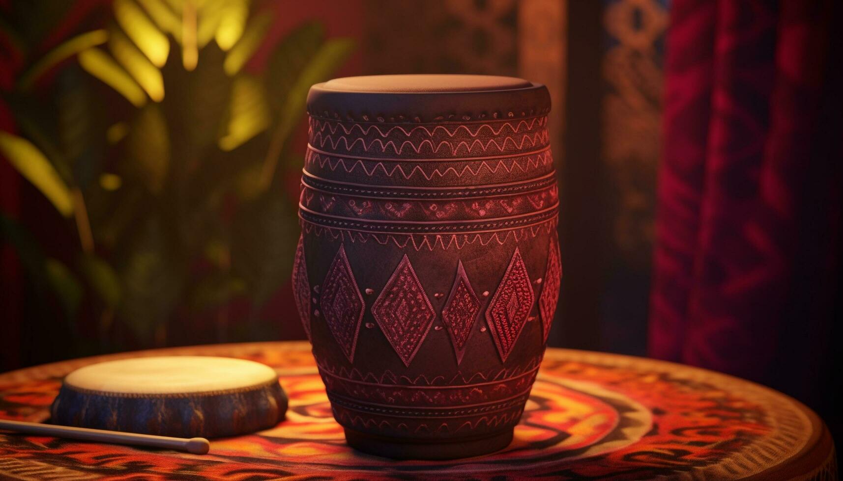 indígena cultura exibido dentro ornamentado cerâmica vaso em de madeira mesa gerado de ai foto