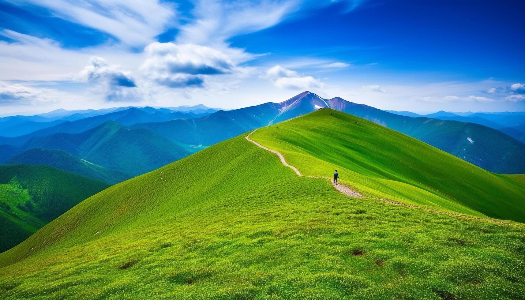 verão caminhada aventura através panorâmico montanha paisagem, tranquilo Prado trilha gerado de ai foto