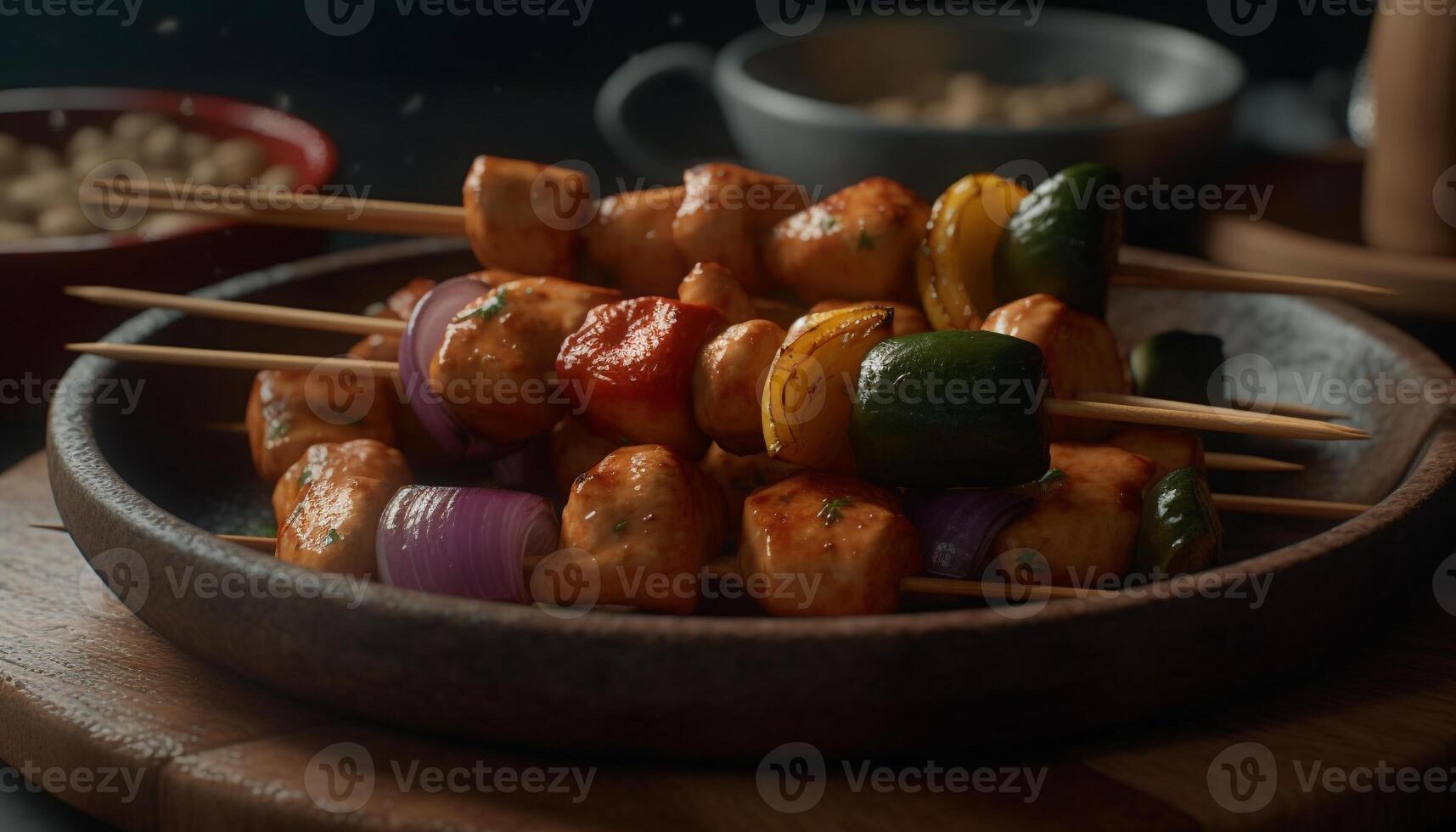 grelhado espetos do carne e legumes em rústico madeira prato gerado de ai foto