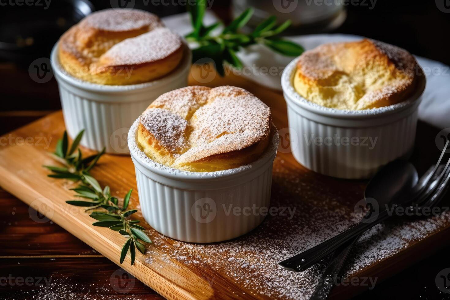 suflês dentro a cozinha mesa Comida fotografia ai gerado foto