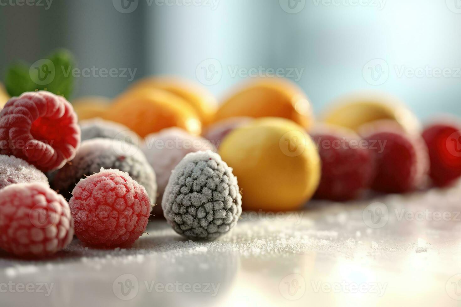 congeladas fruta dentro a cozinha mesa profissional Comida fotografia ai gerado foto