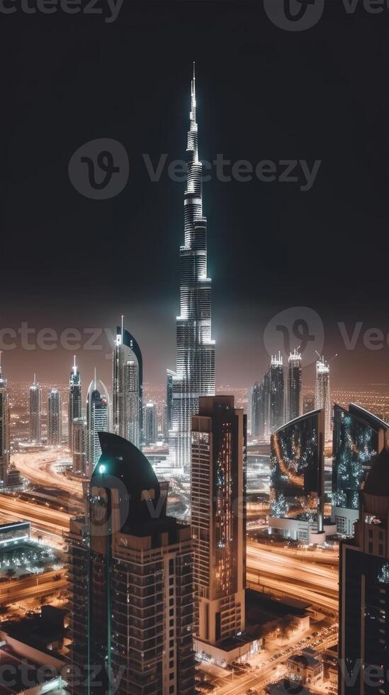 dubai, eua paisagem urbana às noite com luzes negligenciar a burj khalifa. surpreendente turista destino, generativo ai tecnologia. foto