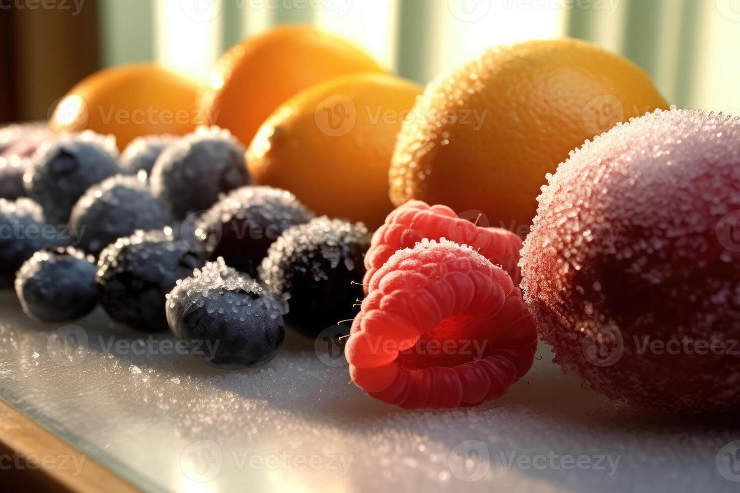 congeladas fruta dentro a cozinha mesa profissional Comida fotografia ai gerado foto