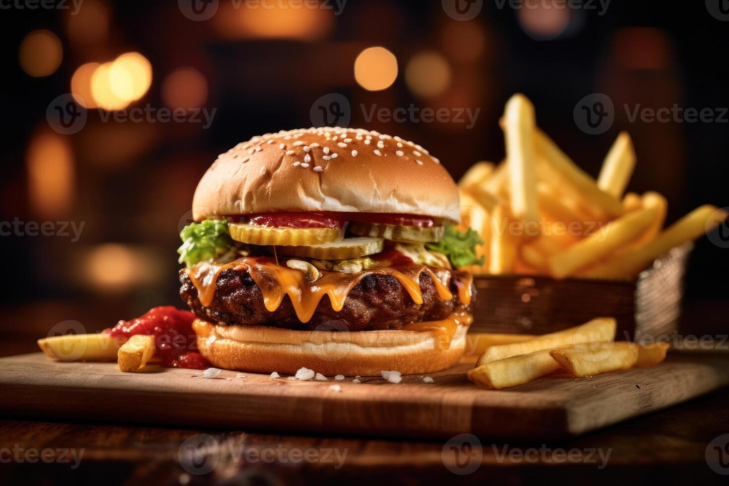 estoque foto do frito fritas com hamburguer cinematográfico editorial Comida fotografia generativo ai