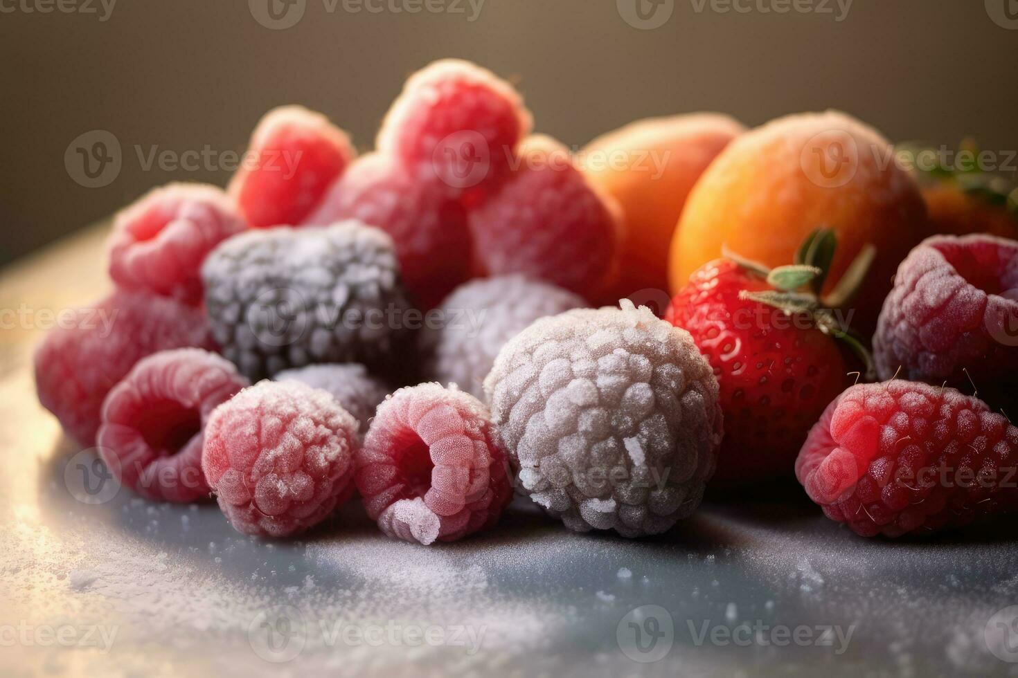 congeladas fruta dentro a cozinha mesa profissional Comida fotografia ai gerado foto