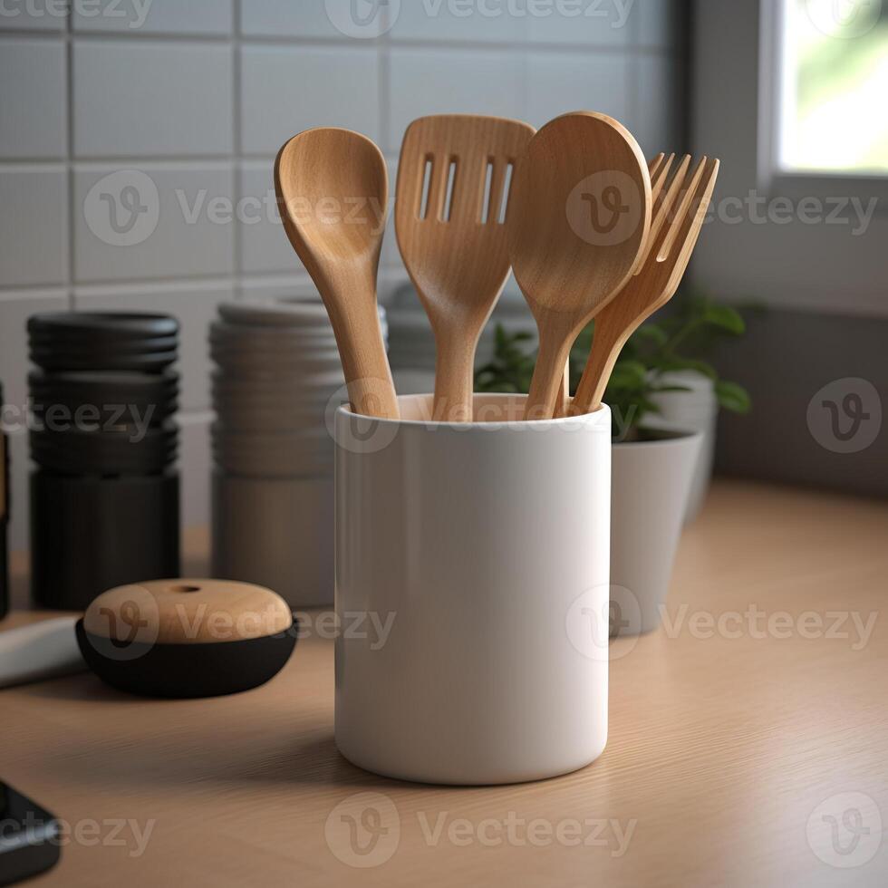 estoque foto do utensílio conjunto silício em a minimalista cozinha fotografia generativo ai