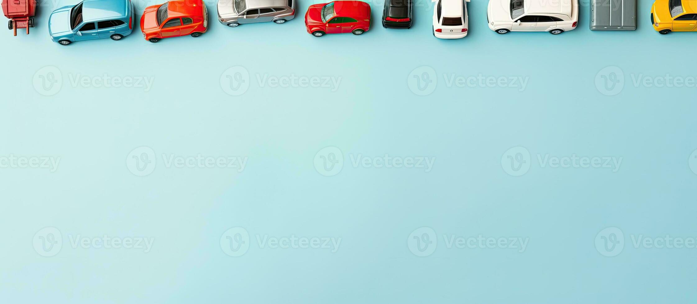 brinquedo carros forrado acima dentro uma linha em uma azul fundo criada com generativo ai tecnologia foto