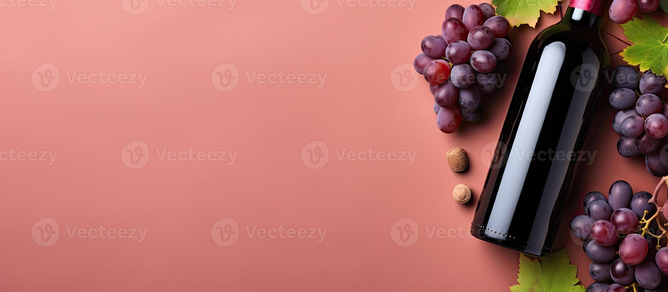 uma garrafa do vinho e alguns uvas em uma Rosa fundo criada com generativo ai tecnologia foto