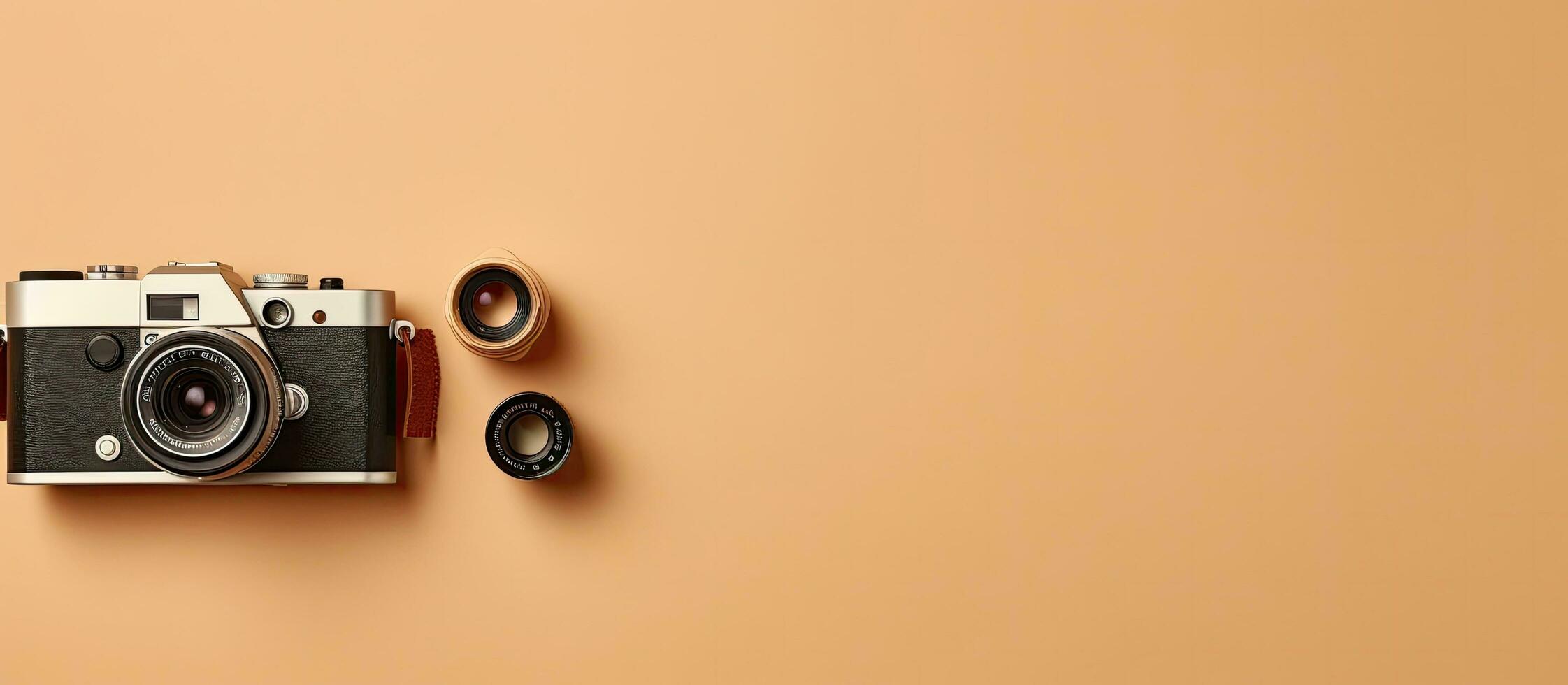 a velho formado Câmera com uma lente em uma bronzeado fundo criada com generativo ai tecnologia foto