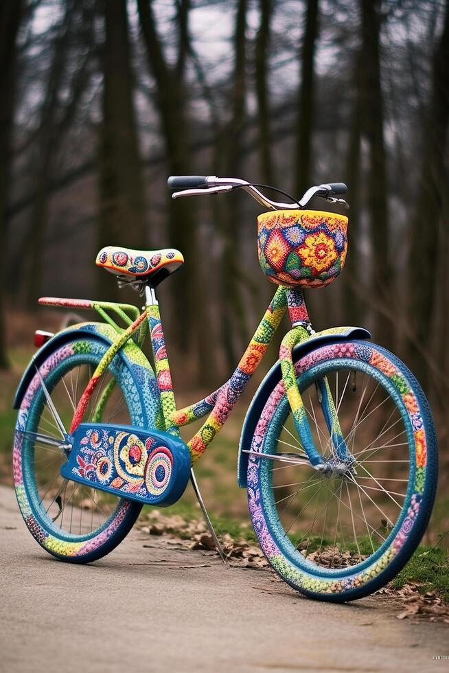 colorida bicicleta em a estrada, ai gerado foto