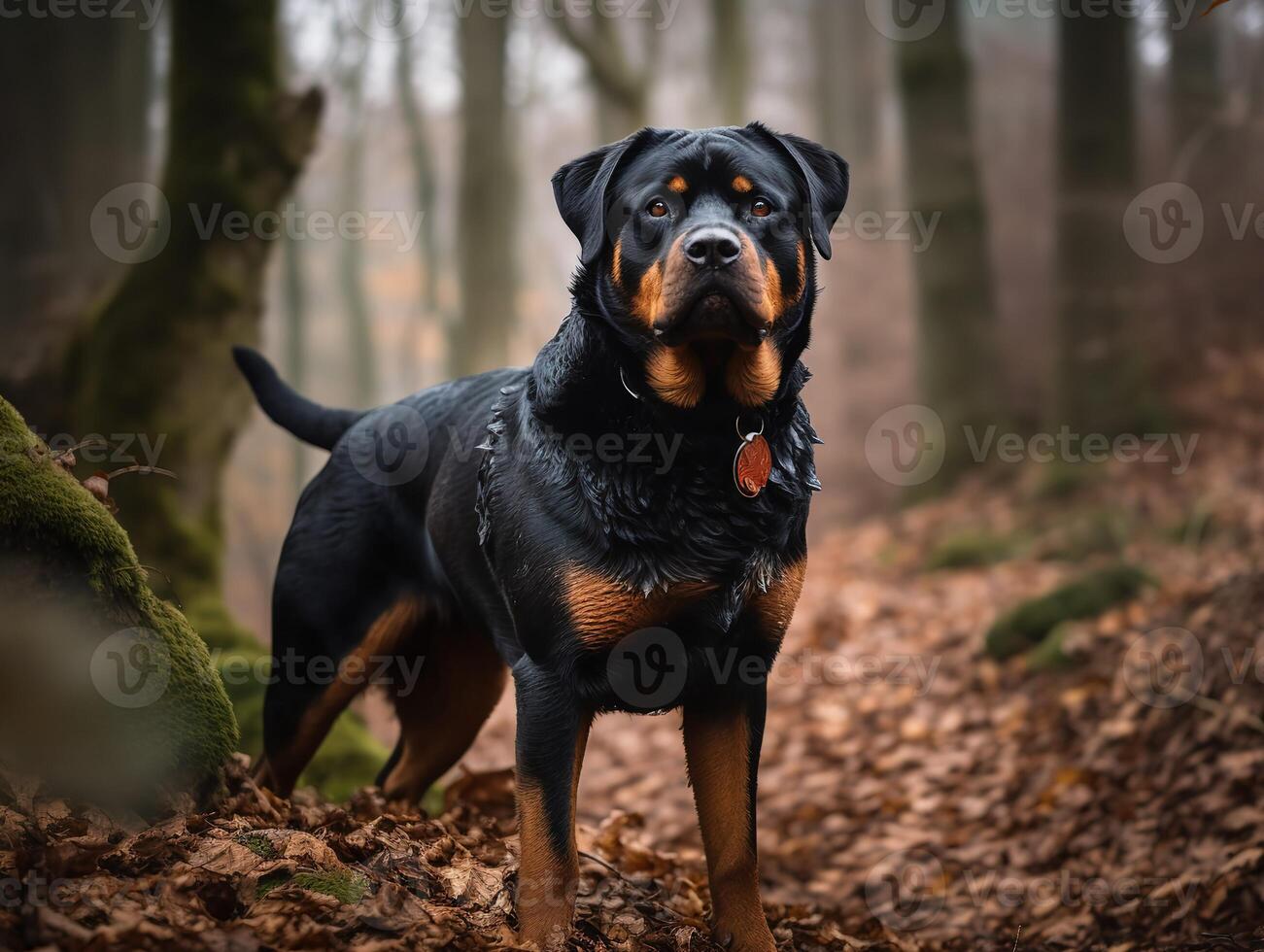 a rottweiler poder em exibição dentro uma floresta foto