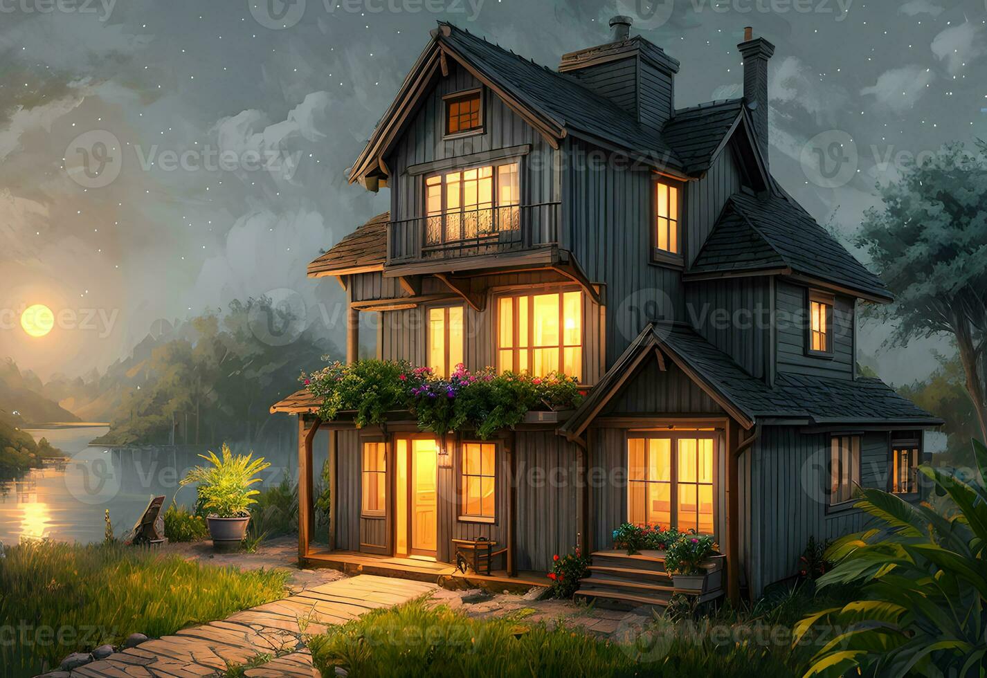 idílico realista casa exterior às nebuloso noite meio Ambiente criada com generativo ai tecnologia foto