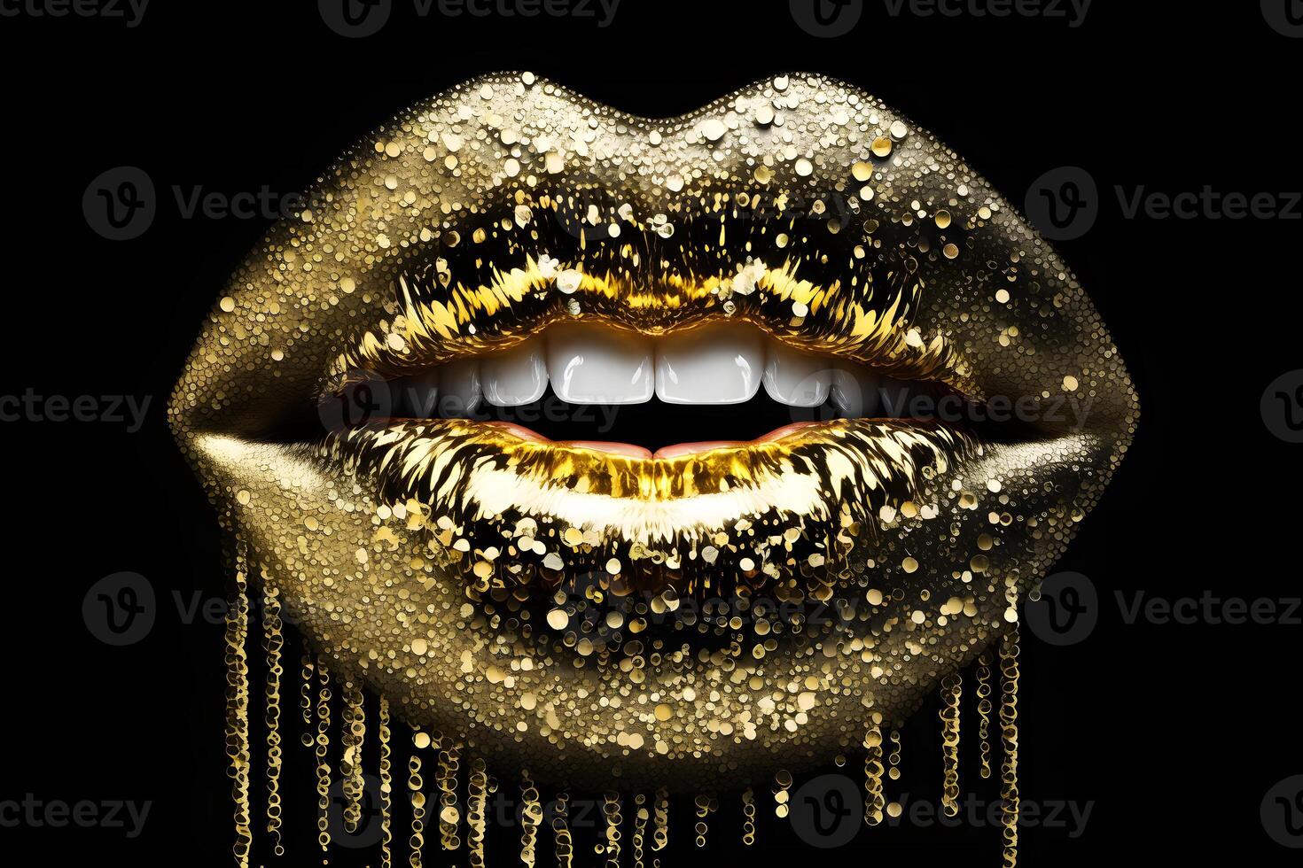 beleza Maquiagem dourado luxo lábios em uma Preto fundo. neural rede ai gerado foto