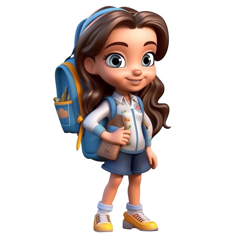 3d personagem fofa menina uma fofa escola menina costas para escola, branco isolado fundo, generativo ai foto