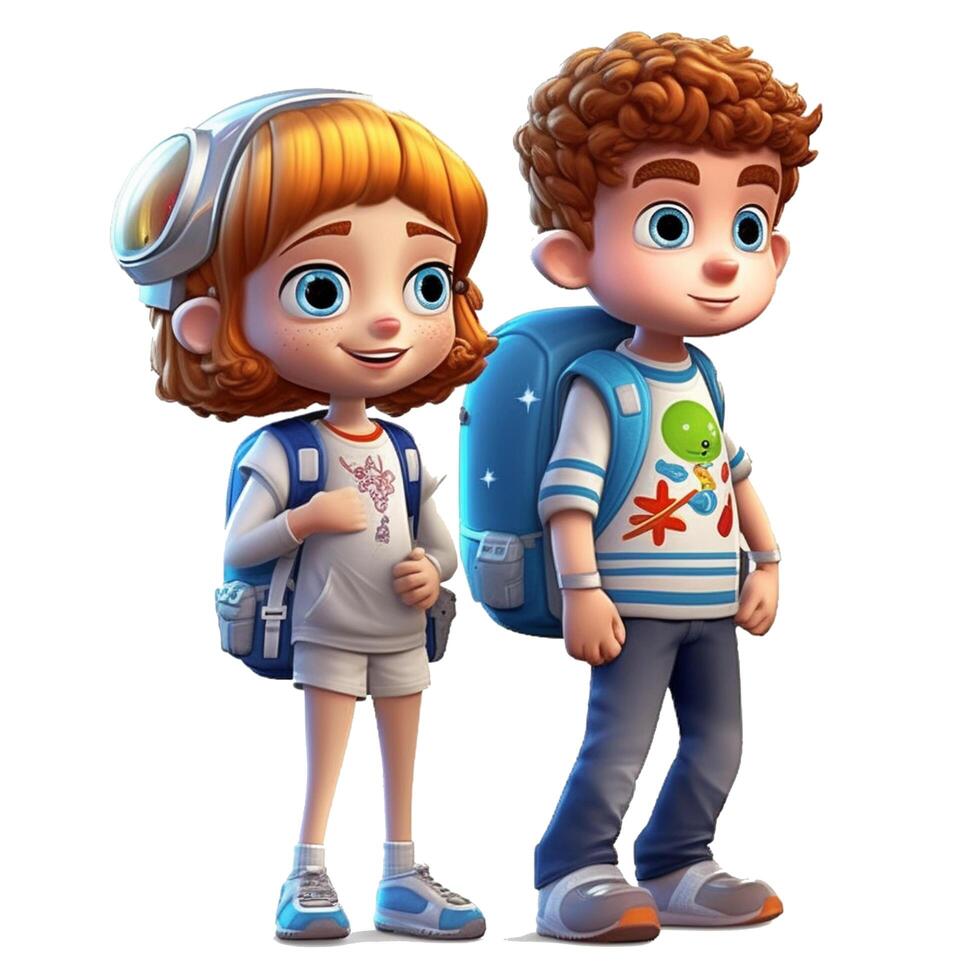 3d personagem fofa menina e Garoto uma fofa escola menina e Garoto costas para escola transparente fundo, generativo ai foto