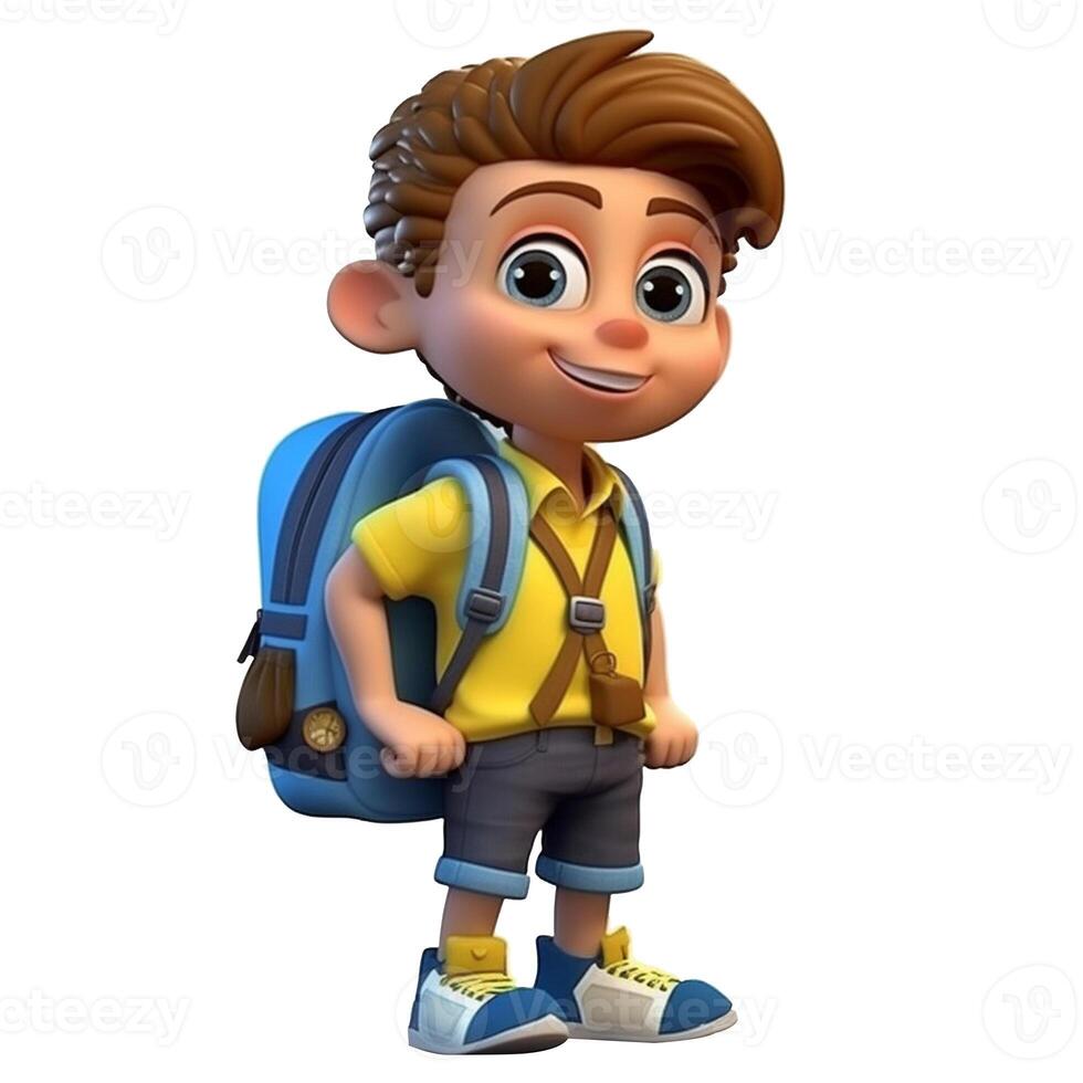 3d personagem fofa Garoto uma fofa escola Garoto costas para escola branco isolado fundo, generativo ai foto