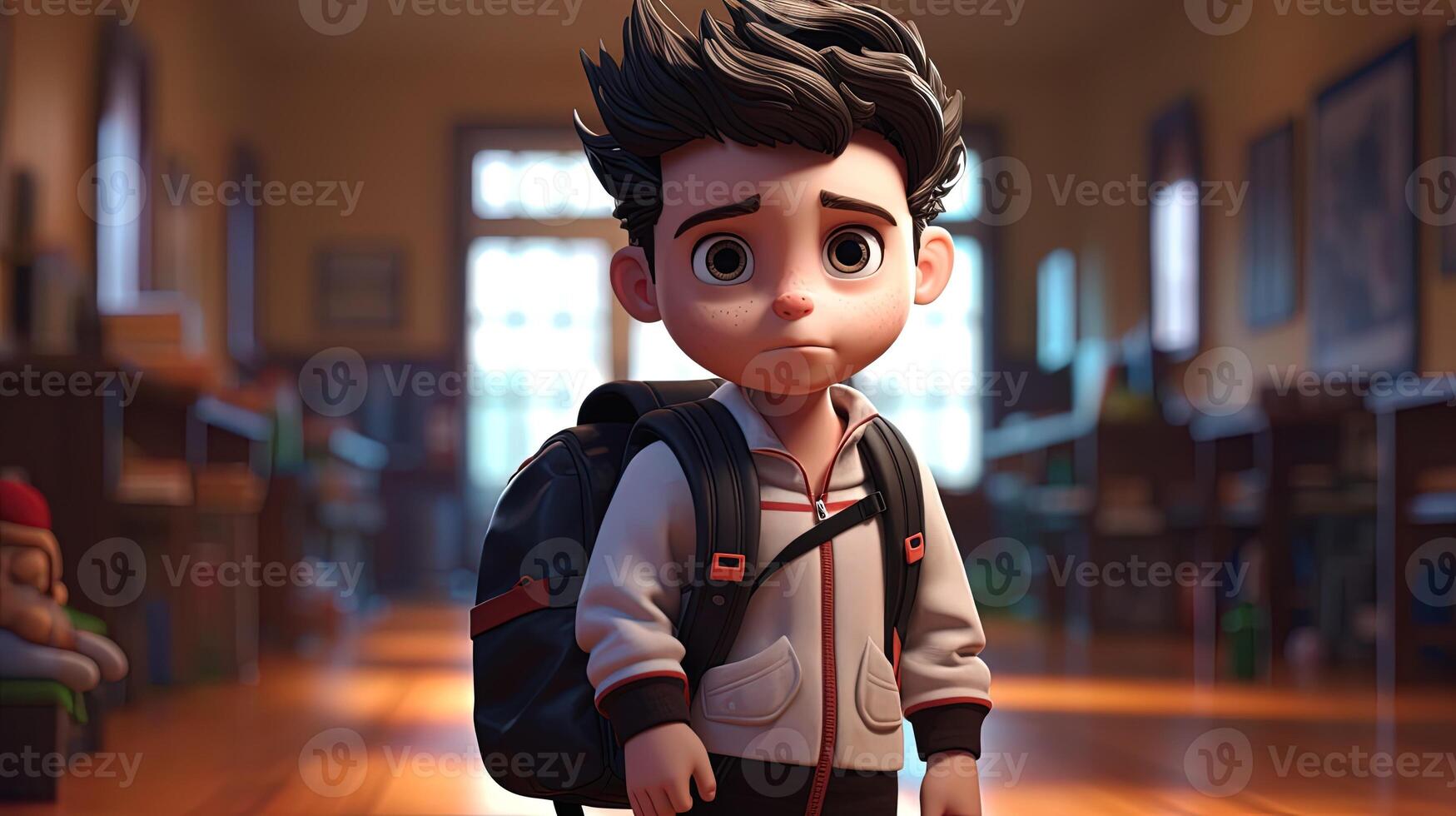 3d personagem do uma pequeno Garoto indo costas para escola, gerado de ai foto