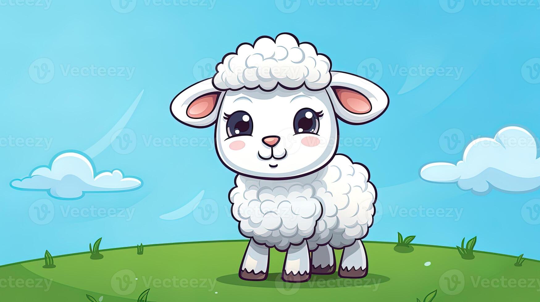 ilustração do uma ovelha com uma fundo do colinas, gerado de ai foto