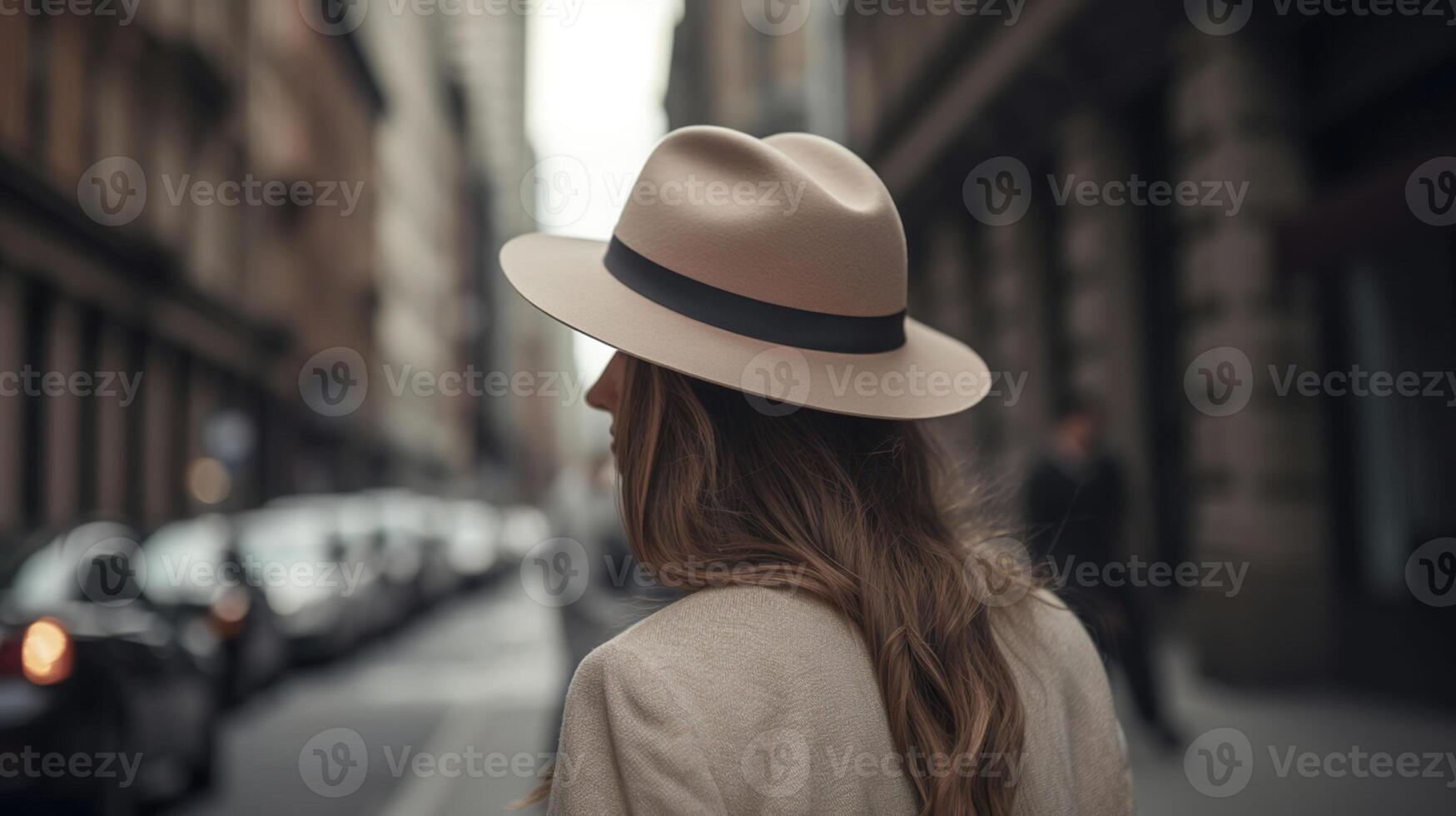 capturando a carisma do uma jovem mulher dentro chapéu passeando através urbano ruas. generativo ai foto