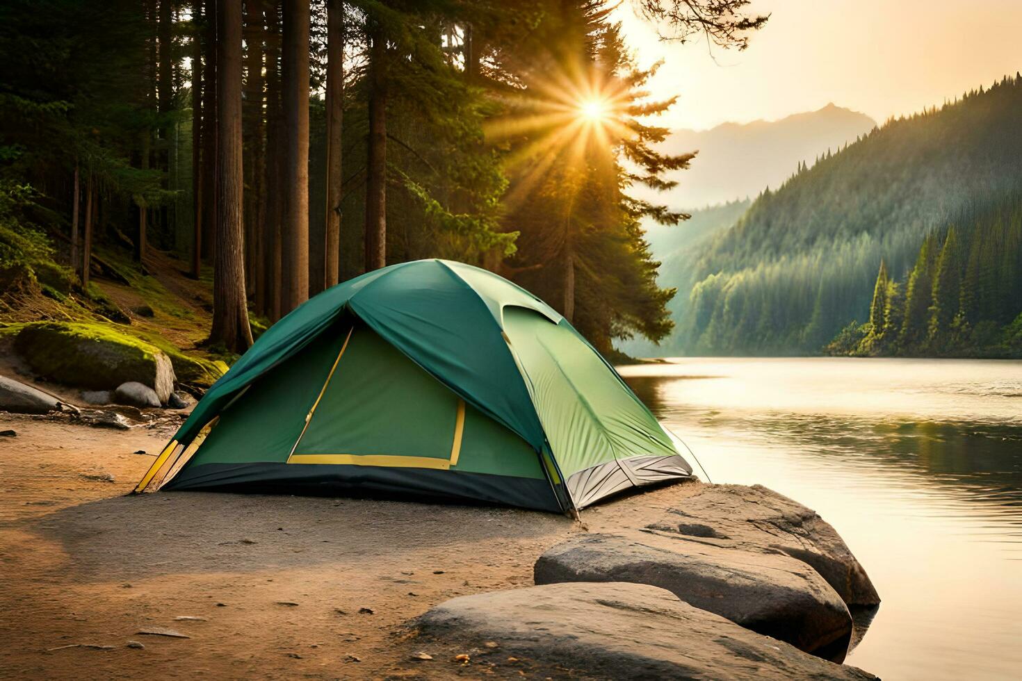 barraca verde de acampamento na floresta perto do lago foto