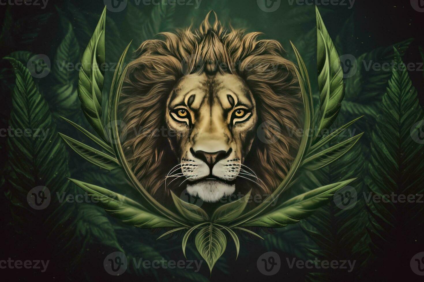 logotipo cabeça do uma leão dentro cannabis folhas em uma Sombrio fundo, maconha animal remédio generativo ai foto