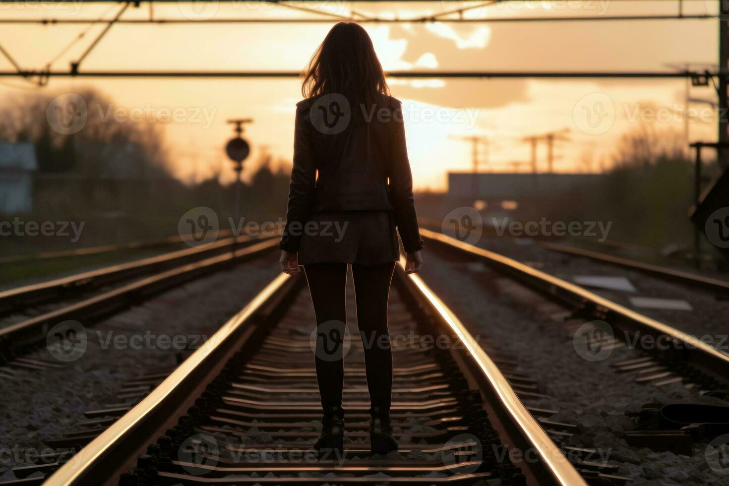 menina em a Ferrovia faixas generativo ai foto