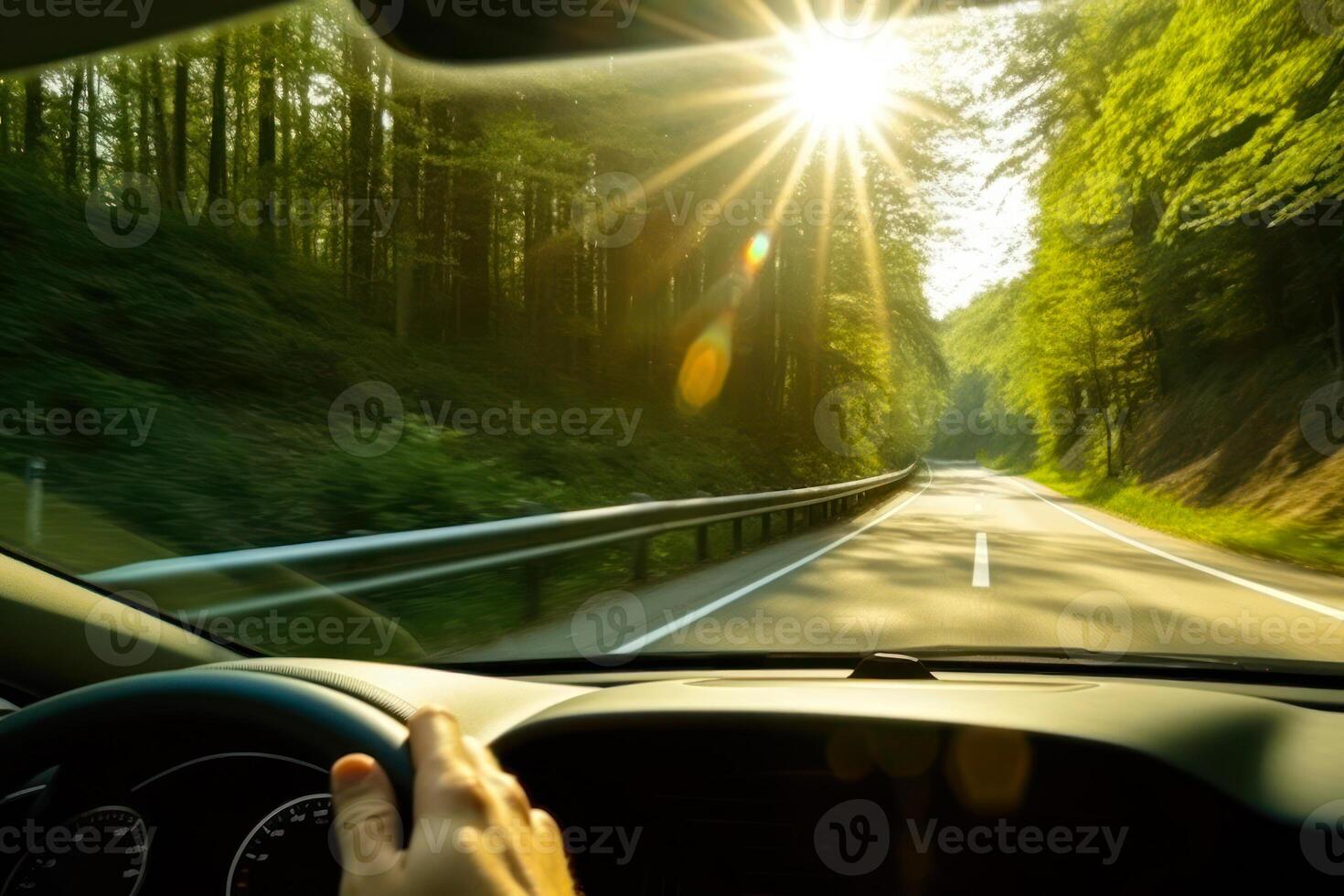 dirigindo carro dentro ensolarado clima, verão estrada viagem generativo ai foto