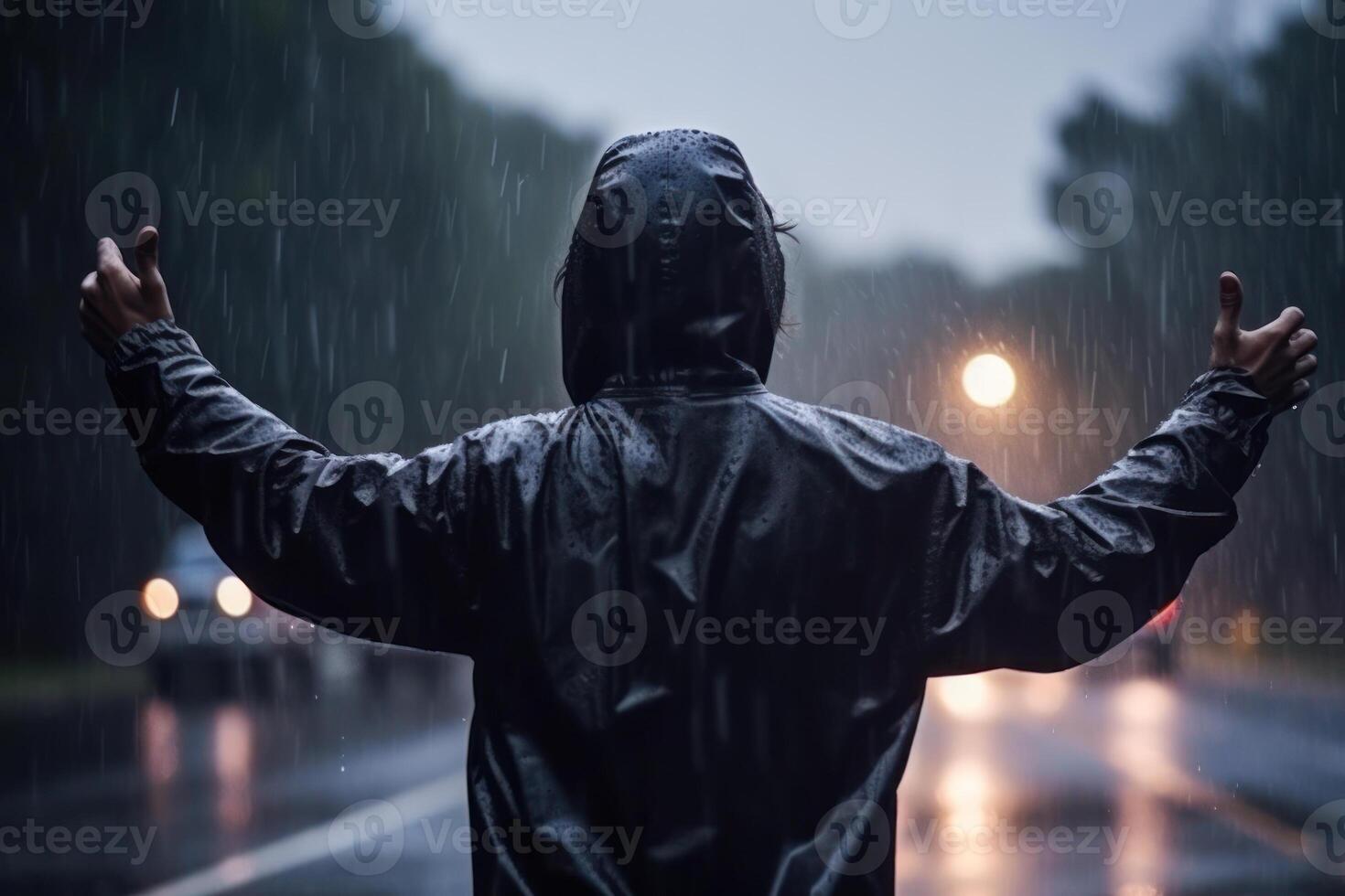 homem mãos dentro a chuva generativo ai foto