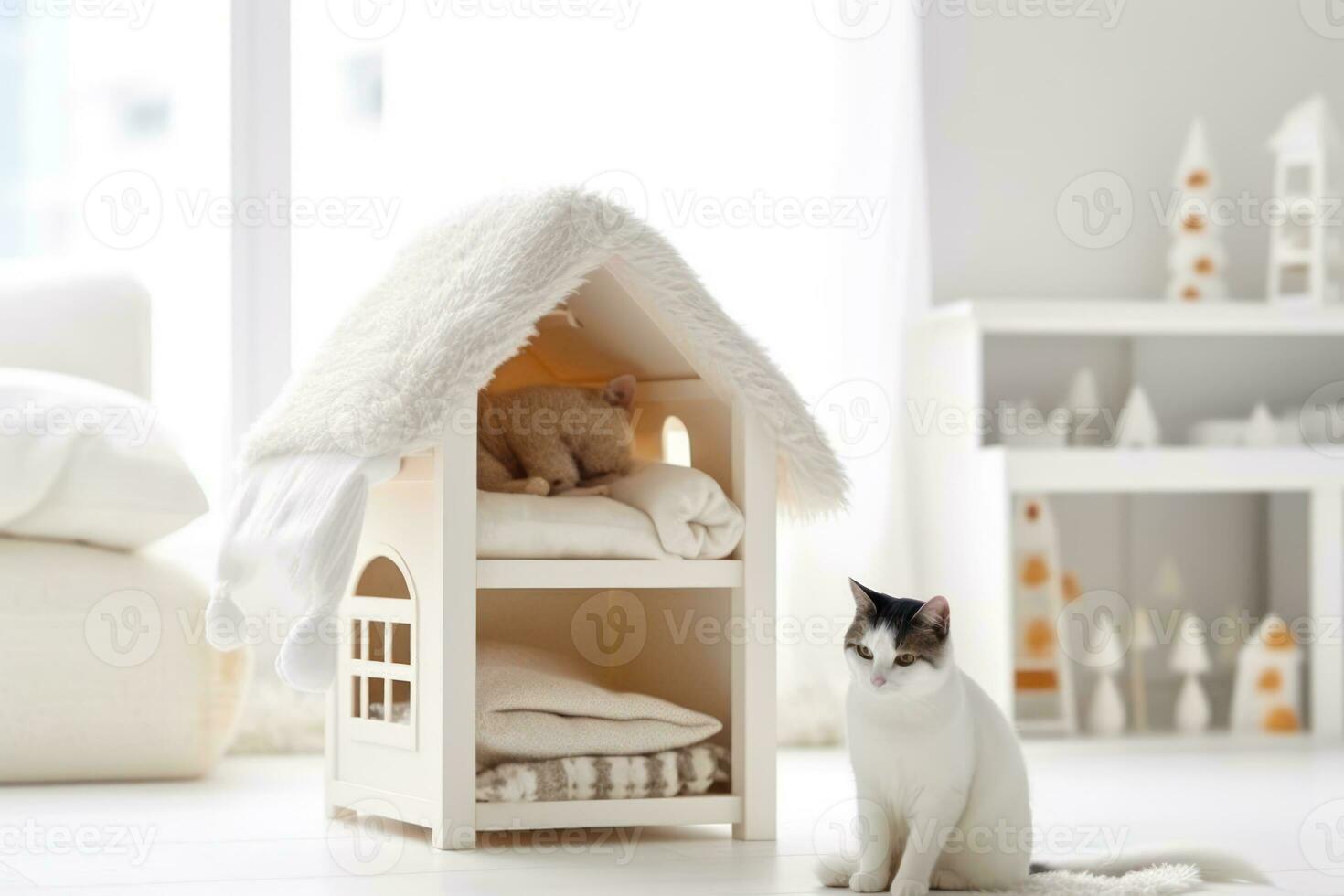 uma branco gato com uma Preto local senta dentro uma brilhante quarto Próximo para uma gatos acolhedor branco casa generativo ai foto