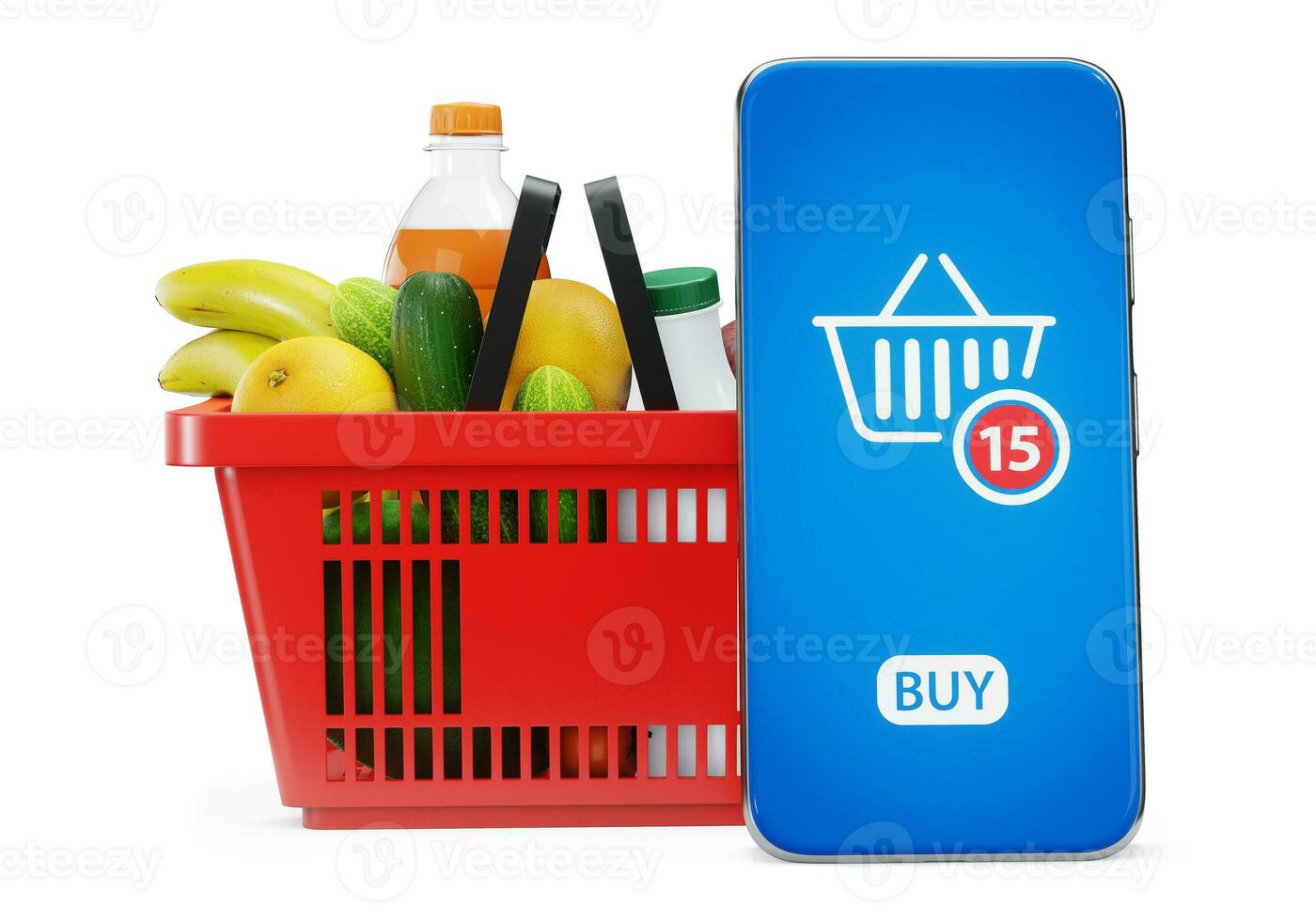 vermelho compras cesta com fresco Comida e Smartphone. render 3d. isolado em branco fundo foto