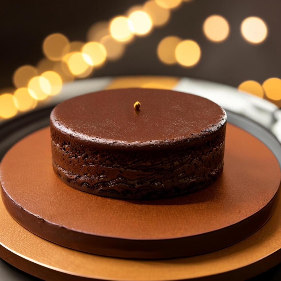 sackertorte. chocolate bolo em uma dourado placa. café feijões em uma Preto texturizado mesa. ai generativo foto