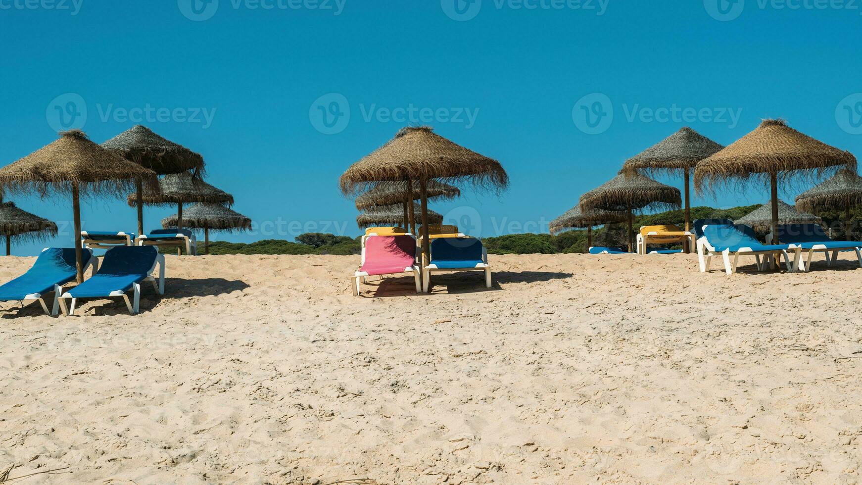lindo tropical pôr do sol cenário com colorida Sol espreguiçadeiras em uma de praia dentro a Algarve, Portugal foto