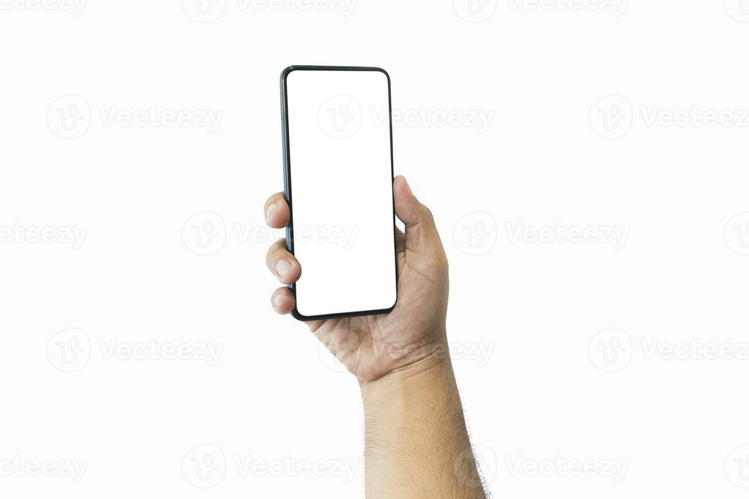 masculino mão segurando Preto Smartphone com em branco tela e moderno sem moldura Projeto dois posições angular cópia de espaço isolado em branco fundo. fechar-se mão do homem aguarde Móvel telefone. espaço para texto. foto