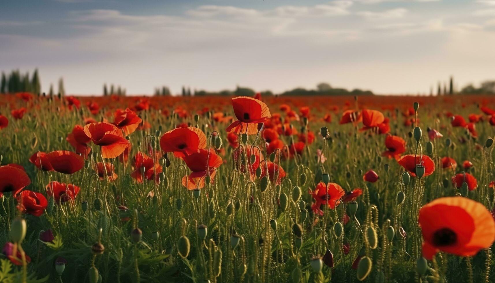 anzac dia memorial papoulas. campo do vermelho papoula flores para honra caído veteranos soldados dentro batalha do anzac armistício dia. flores silvestres florescendo papoula campo paisagem, gerar ai foto