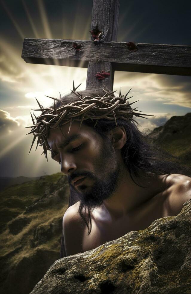 a sofrimentos do Jesus Cristo dentro a coroa do espinhos. ai gerativ. foto