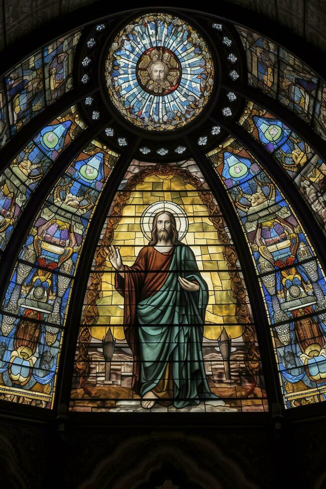 Jesus em a Cruz - manchado vidro dentro santo Severin igreja, gerar ai foto