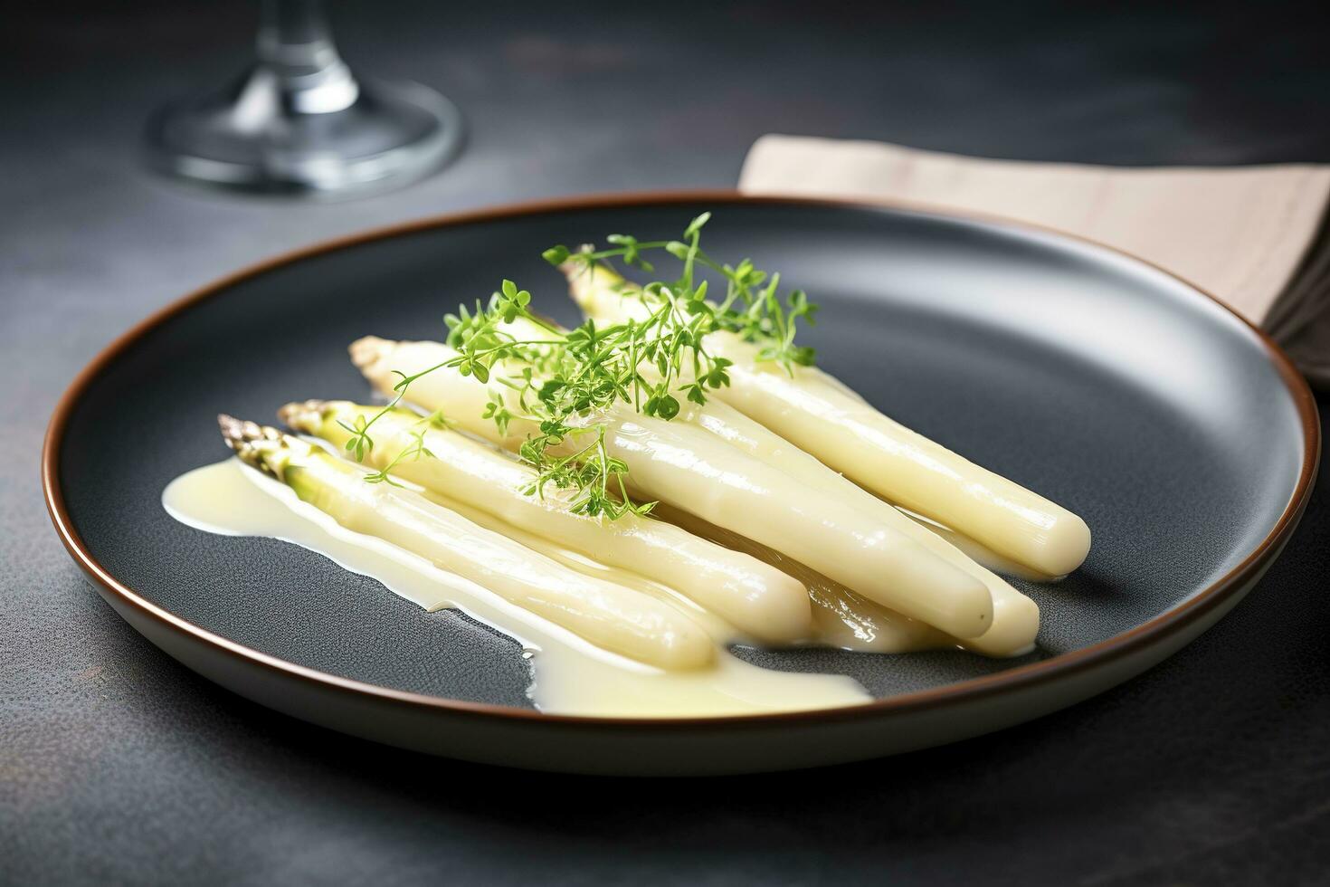 moderno estilo tradicional cozido no vapor branco espargos com curado presunto e Hollandaise molho servido Como topo Visão em uma nórdico Projeto prato com cópia de espaço, gerar ai foto