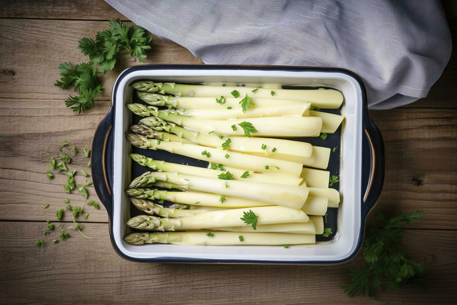 tradicional cozido no vapor branco espargos com Hollandaise molho e ervas Como uma topo Visão dentro a esmalte bandeja em a velho madeira mesa com cópia de espaço em a certo, gerar ai foto