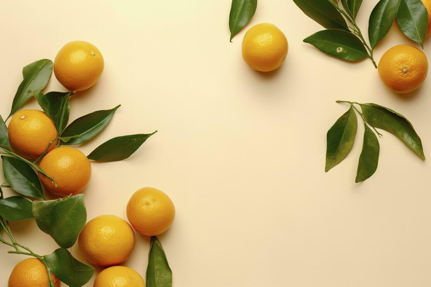 todo laranja amarelo tangerinas com verde folhas em pastel bege fundo, copyspace. citrino frutas mandarinas Como mínimo Comida quadro, Armação fundo, esvaziar espaço, acima visualizar, gerar ai foto