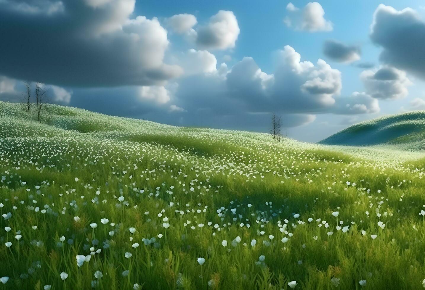 verde Prado com branco flores e azul céu com branco nuvens. ai gerado foto
