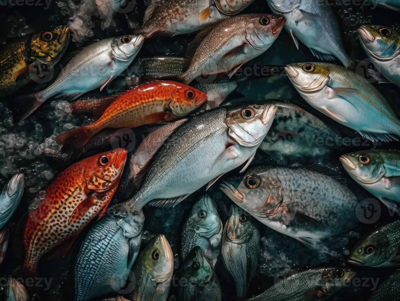 fresco oceano peixe e frutos do mar às a peixe mercado fechar acima topo Visão criada com generativo ai tecnologia foto