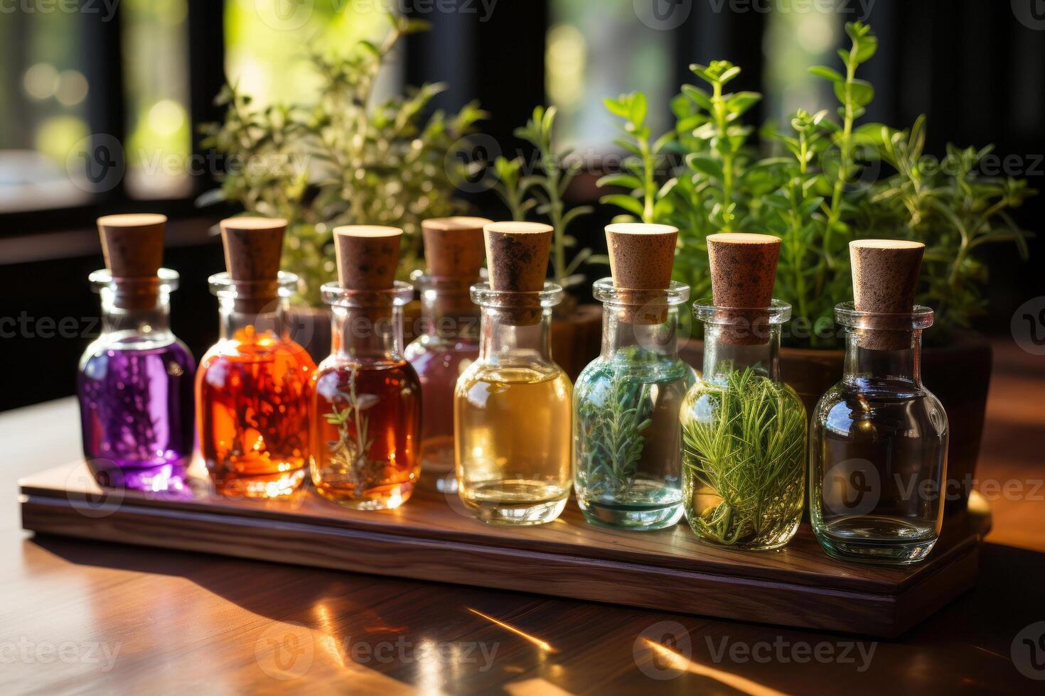 a sortimento do essencial óleo garrafas com fresco plantas a partir de que eles estão derivado, gostar lavanda, hortelã-pimenta, e alecrim, arranjado em uma de madeira superfície. ai gerado foto