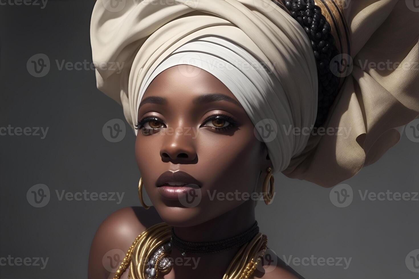 Preto mulher dentro africano turbante em estúdio fundo. foto