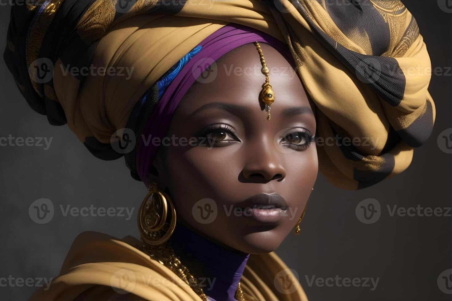 Preto mulher dentro africano turbante em estúdio fundo. ai gerado foto